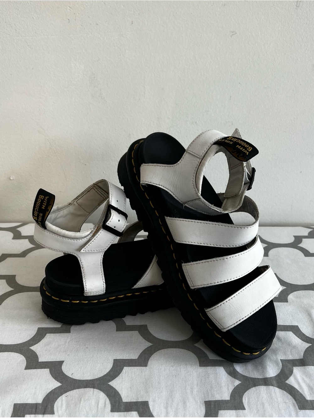 Dr. Martens Kids White Leather Triple-Strap Sandals with Black Sole